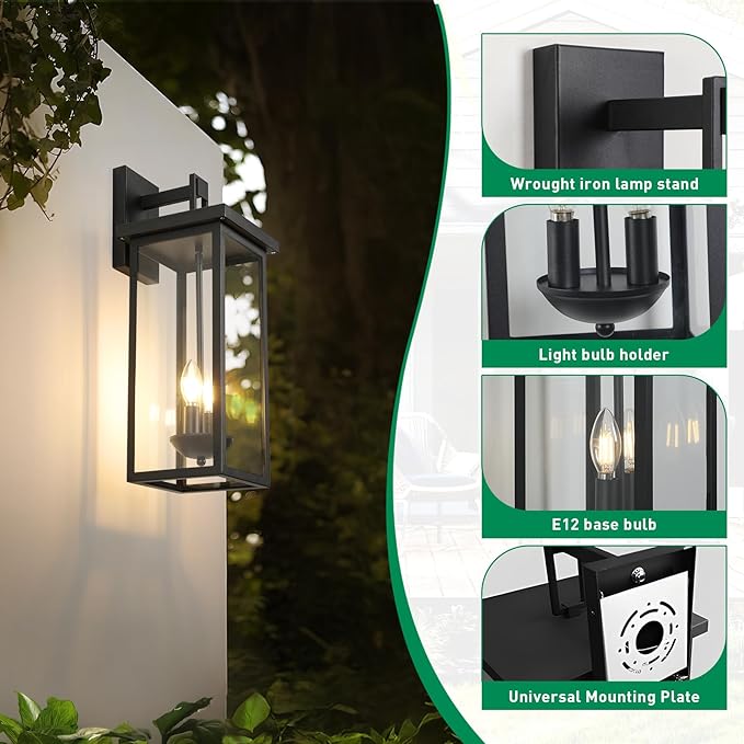 22 Inch Large Black Outdoor Wall Lights Exterior Lighting FixturesOutside Lights for HouseFront Porch LightWaterproof Outdoor Wall Sconce Light Carriage Exterior LightsE12 Base*2