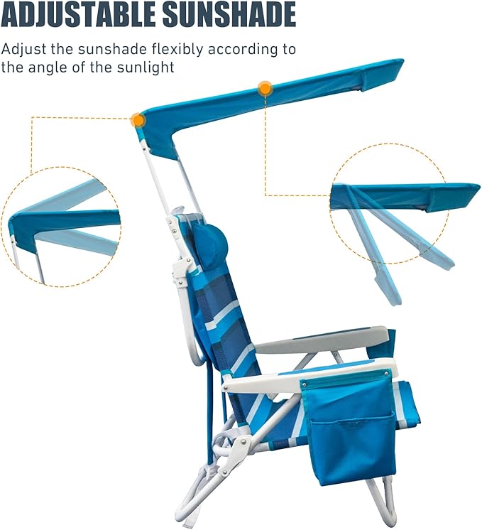 2 Pack Beach Chair with Canopy Shade 5 Positions Textilene Folding Reclining Beach Chair with Backpack Straps Cooler Bag &amp Cup Holder for Outdoor Lawn Camping