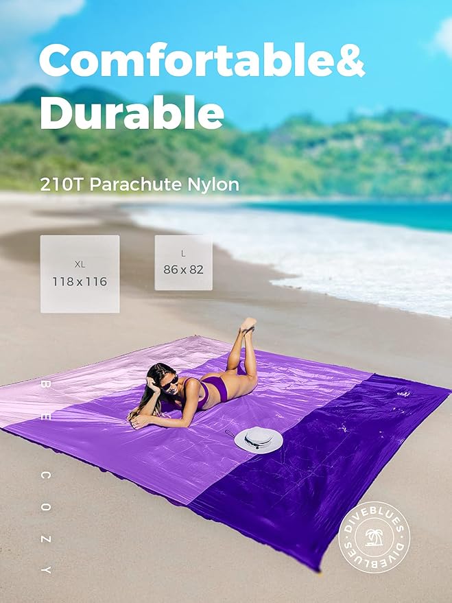 OCOOPA Extra Large Beach Blanket Sand Free Large Oversized Camping Mat Comfortable Parachute Nylon Cozy&amp Chic Compact&amp Light 4 Stakes&amp1 Travel Bag S09