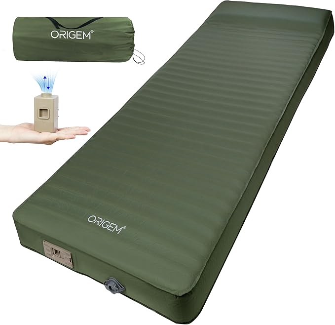 Origem Self Inflating Sleeping Pad with Electric Pump 4 Ultra-Thick Memory Foam Camping Mattress Foam Campinging Mat for Tent CampingTraveling and Car Easy to Inflate and Deflate (Green)