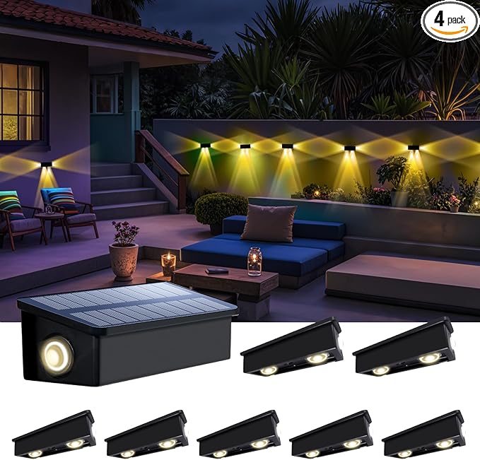 Fence Lights Solar Powered Outdoor Waterproof 3 Sided Wall LED Landscaping 8 Pack for Yard Deck Patio Rail Garage Pool Balcony Energy Efficient Warm White Safety and AmbianceEasy Install