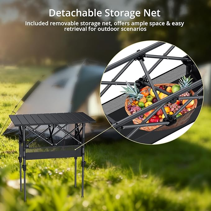 Anbte 2ft Small Roll Up Camping Table 2 Adjustable Height Aluminum Portable Camping Table with Storage Net &amp Bag Lightweight Waterproof Folding Table for Indoor Outdoor BBQ Picnic 25” X 16” Bl