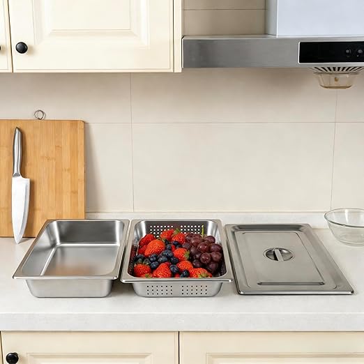 A Set of Full Size 4 in Steam Table Pan and 2.6in Perforated Pan with Lid Hotel Pan Food Warmer Pan Buffet Tray Servers Pans for Catering Kitchen Restaurant Supplies