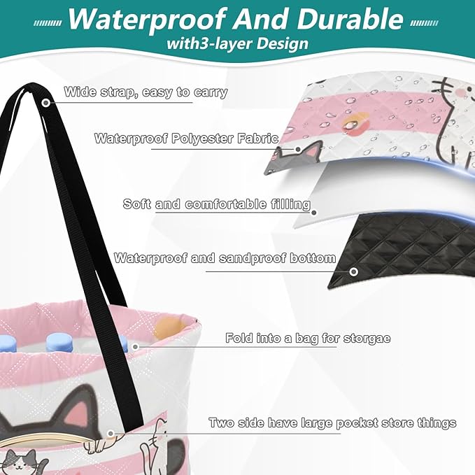 KLL Pink White Stripes Cartoon Cat Waterproof Picnic Essentials Packable Hiking Camp Rug for Ground Spring Gifts manta para picnic campo