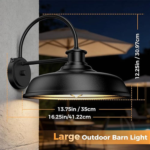 16 inch Dusk to Dawn Outdoor Gooseneck Barn Light Large Rustic Porch Wall Light Fixture Black Industrial Outside Wall Sconces Waterproof Exterior Backyard Lights for Garage Yard Hardwired