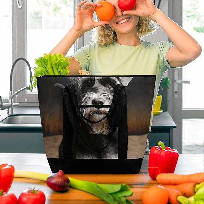 Insulated Shopping BagLarge Reusable Cooler Bags Animal Schnauzer Dog Printed Foldable Shopping BagTravel Waterproof Shoulder Bag