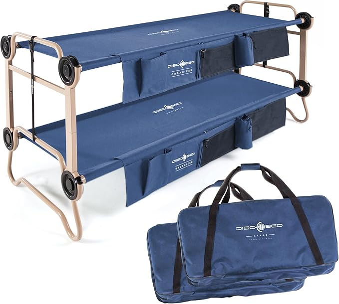 Disc-O-Bed Large Outdoor Convertible 2 Person Bench and Double Camping Cot Portable Bed Bunk System for Adults Navy