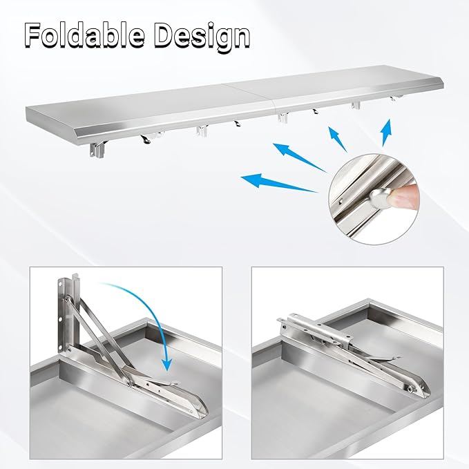 Concession Shelf Drop Down 48 x 12 Folding Concession Stand Shelf Commercial Grade Stainless Steel Foldable Concession Shelves for Snack Bar Food Cart Movie Theater