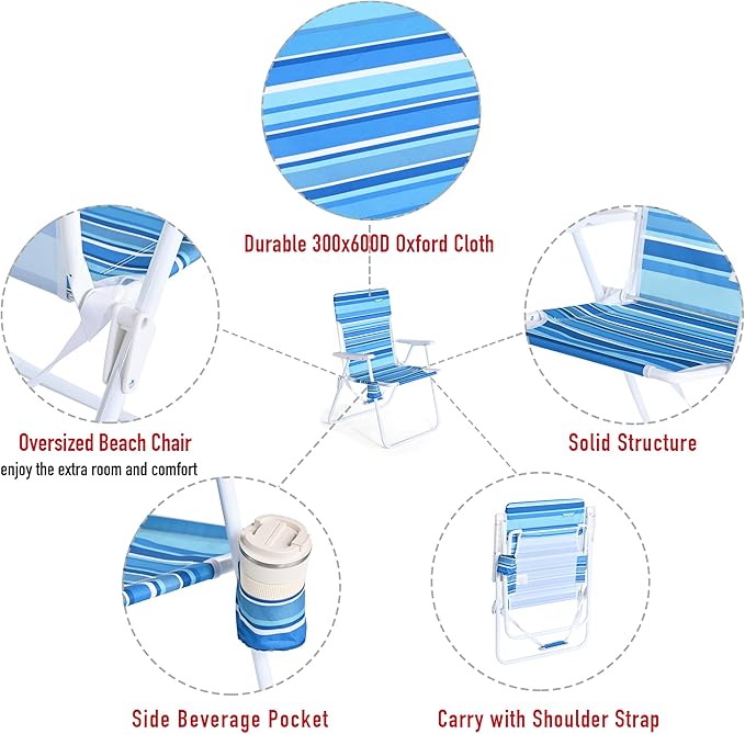 SunnyFeel 15 Tall Folding Beach Chair for Adults 2 Pack Oversized Portable High Seat Sand Chair Heavy Duty 300 LBS Foldable Camping Lawn Chairs for Camp/Outdoor/Travel/Picnic/Concert/Sports