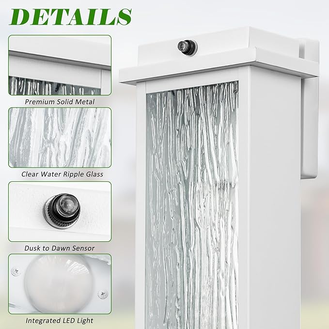 White LED Dusk to Dawn Outdoor Lighting 2 Packs 16 Large Outside Farmhouse Wall Lantern Industrial Porch Wall Mount Light Fixture with Rippled Glass Waterproof Modern Exterior Sconce Lamp