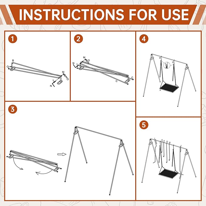 Campfire Swing Grill with Adjustable Grill Cooking RackCamp Fire Cooking Equipment Comes With 8 Hooks Accessories and handbagPortable Dutch Oven Hanger for Camping Hiking Cookware Bonfire