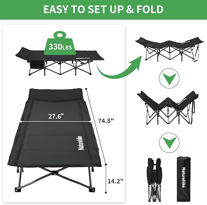 Naturehike Folding Camping Cot for Adults GoWild Portable Sleeping Cot with Carry Bag Outdoor Comfortable Camping Bed for Camping Beach Home Nap Indoor Sleeping Bed (Black)