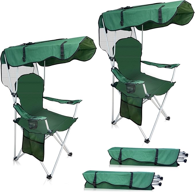 Portable Camping Chair with Canopy Shade - Folding Lounge Chair with Cup Holder &amp Side Pocket for Outdoor Camping Fishing Beach - Support 330 LBS - Green - 2 Pack