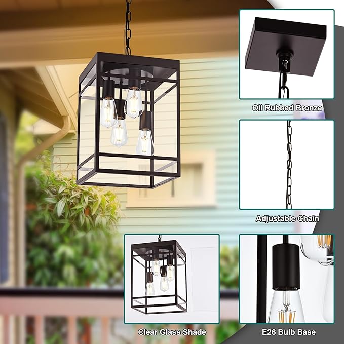Large Outdoor Pendant Light for Porch Oil Rubbed Bronze Outdoor Hanging Light Fixture with Clear Glass Shade Exterior Linear Chandelier Hanging Lantern for Outside PatioFront Door