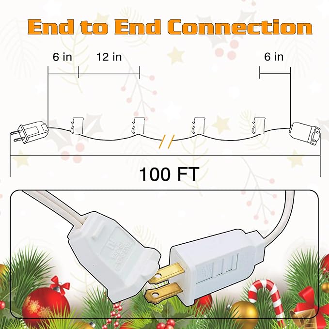 100FT C7 Light String Christmas Stringer E12 Christmas Sockets 12 Spacing C7 Stringer Set Green Outdoor String Light for Wedding Patio Event Lighting Decor White Wire
