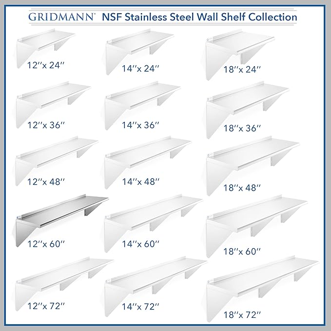GRIDMANN 12 x 60 Stainless Steel Wall Mount Shelf with Backsplash Commercial Grade - NSF Certified 18 Gauge Shelving for Restaurant Kitchen Utility Room Garage
