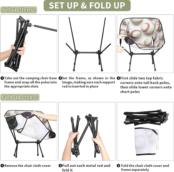 Honeybaby Folding Camping Chair Funny Baseball Sport Camping Chairs Lightweight Portable Chair Outdoor Foldable Chairs for Camping Travel Picnic Beach Hiking
