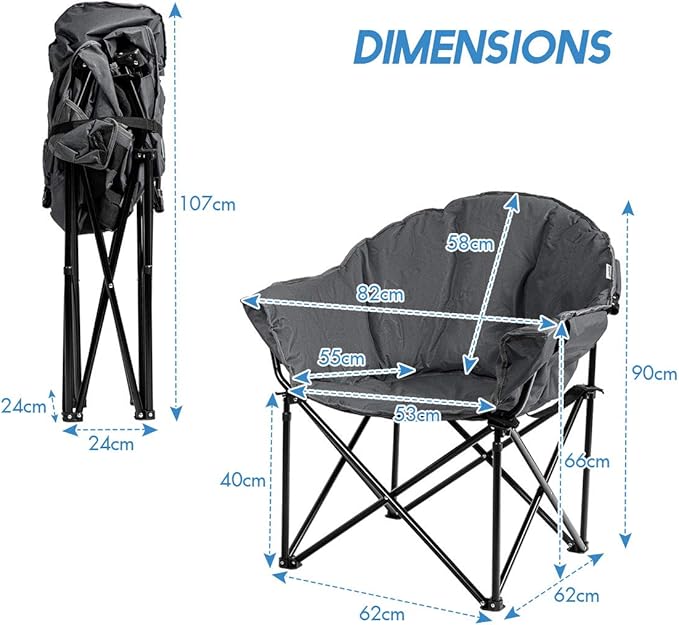 S AFSTAR 2 Packs Oversized Camping Chair Cushion Padded Moon Round Saucer Chair w/Cup Holder &amp Carry Bag Portable Camp Chair Outdoor Folding Chair for Patio Beach Picnic (Grey)
