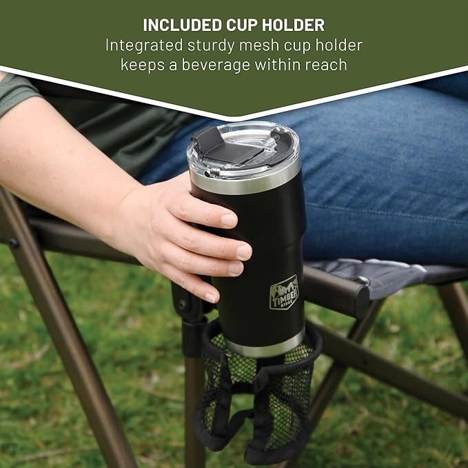 Timber Ridge Bungee Folding Camping Chairs for Adults Heavy Duty Collapsible Padded Chair with Armrests Cup Holder Foldable Outdoor Lounge Chairs for Beach Fishing Lawn Supports 300 lbs Grey