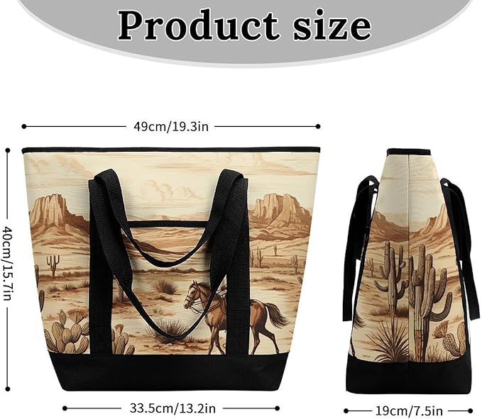 Insulated Shopping BagLarge Reusable Cooler Bags West Desert Cactus with Cowboys Riding Horses Printed Foldable Shopping BagTravel Waterproof Shoulder Bag