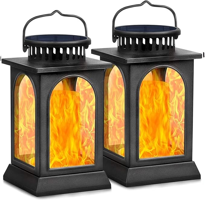 TomCare Solar Lights Flickering Flame Upgraded Metal Solar Lantern Outdoor Hanging Decorative Lanterns Heavy Duty Solar Powered Waterproof Outdoor Lighting for Patio Garden Deck Yard 2 Pack (Black)