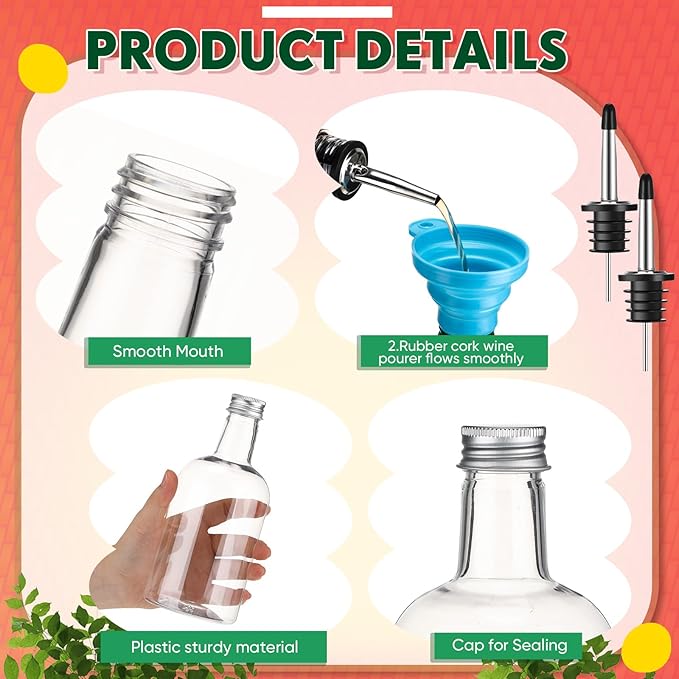 6 Sets 16 oz Plastic Long Neck Bottles with Pourers Caps Mats for Bartending Plastic Bar Caddy Organizer for Bar Supplies Liquor Juice Store Syrup Bottles Pourers