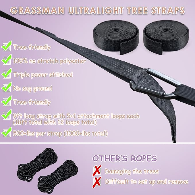 GRASSMAN Kids Hammock-Small Camping hammocks Portable Camping Gear for Child Indoor/Outdoor use with Tree Straps &amp Carabiners Purple