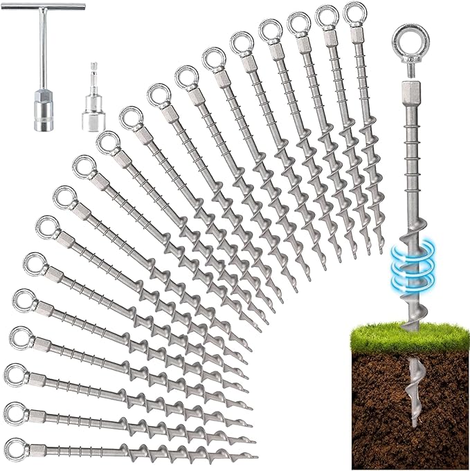 12 Ground Anchors Screw in Non-Rust Cast Aluminum Detachable Tent Stakes for Camping Tents Sand Trampoline Swing Sets and Sheds (20 Packs)