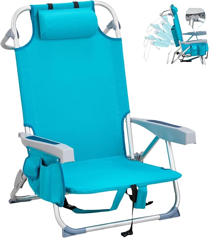 Folding Low Backpack Beach Chair 5-Position with Headrest &amp Cup Holder - Portable Aluminum Reclining Camping Chair with Storage Bags Adjustable Recline - Lightweight &amp Compact Blue