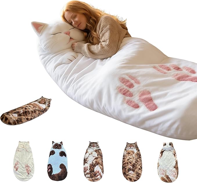 Fluffy Cat Sleeping Bag for Adults – Plush Soft Envelope Shaped Sleeping Bag for Humans Cozy Warm Nap Sack for Camping Home Travel Extra Large Cute Cat Design