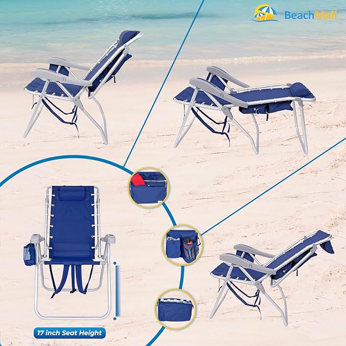 Ultimate Heavy Duty High Seat Aluminum Folding Backpack Beach Chair for Adults | Lay Flat 5 Reclining Positions | Removable Insulated Cooler Pouch | 300 lbs Weight Capacity