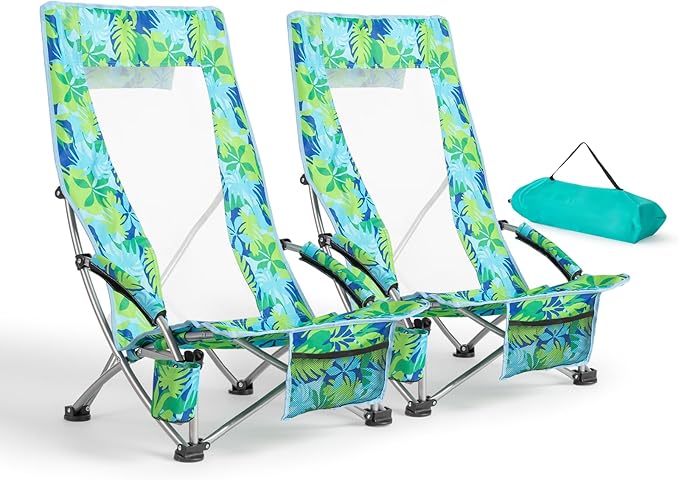 VINGLI Low Beach Chairs High Back Chairs with Carry BagFoldable Portable Backpack Beach Chair for Camping Picnic LAN-2 Pack