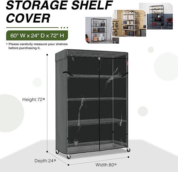 Porch Shield Storage Shelf Cover Fits 60 x 24 x 72 Wire Rack - Dustproof Shelving Unit Cover with Front Transparent(Grey)