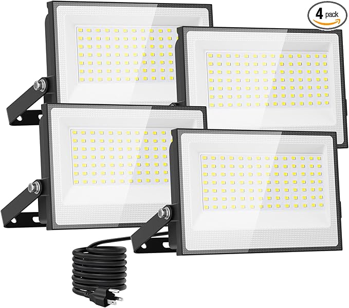 Onforu 120W Flood Lights Outdoor 12000lm Bright LED Work Light with Plug 6500K Daylight White LED Flood Lighting IP66 Waterproof Security Yard Lights for Yard Garage Stadium 4 Pack