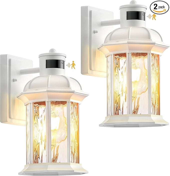 VIANIS White 2-Pack Motion Sensor Porch Lights Outdoor Modern Exterior Lighting Fixtures Wall Mount for House Anti-Rust Waterproof Outdoor Sconce Lights with Water Ripple Glass Front Door Light