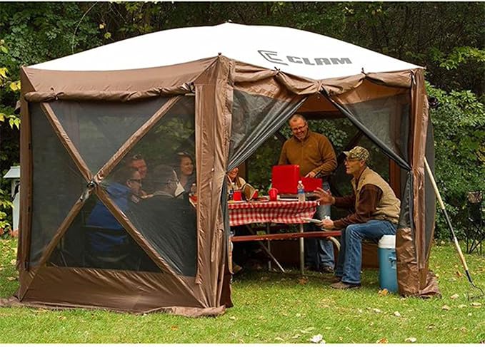 CLAM Pop Up Screen Tent Large Outdoor Camping Gazebo Canopy Pavilion 12.5' Brown - Foldable and Portable Screened Shelter with Netting for Beach Patio and Backyard
