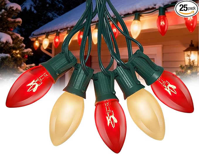 25FT C9 Christmas Outdoor LightsRed and Frosted White Christmas Lights with 26 Bulbs(1 Spare)Commercial Vintage Red White String Light for Tree Yard Garden Porch Party