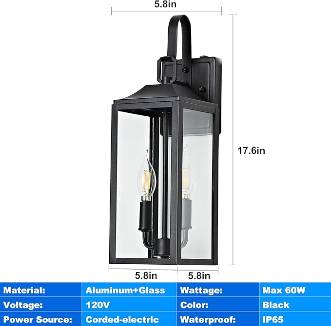 OKELI 17.6 Dusk to Dawn Outdoor Lighting 2-Light Black Wall Lantern for Porch Outside Wall Sconces with Tempered Glass Shade Anti-Rust Wall Lights Outside Light for Garage Foyer