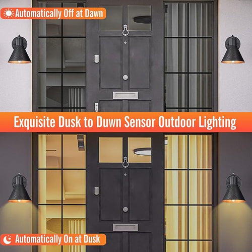 2 Pack Dusk to Dawn Outdoor Wall Sconces Exterior Farmhouse Barn Light Vintage Black Outside Wall Lighting Fixture with Hammered Shade Anti-Rust Waterproof Outdoor Light for House Porch Garage