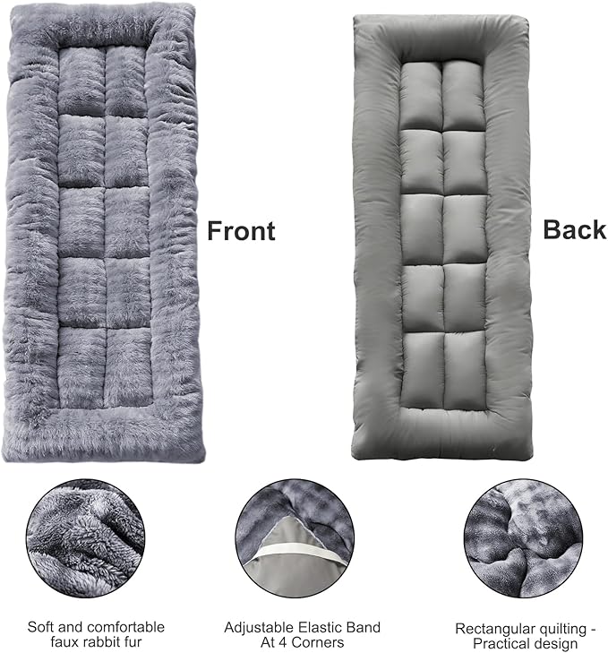 Thick Camping Sleeping Pad - Faux Rabbit Fur Ultra Soft &amp Non-Slip Sleeping Mat with Portable Roll up Camping Cot Pad for Travel Car Tent Guest Bed (75 x 28 Dark Grey)