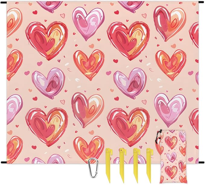 Waterproof Sandproof Beach Blanket 59''×68'' Shape-Heart Polyester Outdoor Picnic Blanket with 4 Stakes &amp Storage Bag for BeachCampingVacation Orange &amp Purple