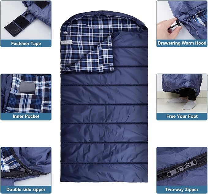 AGEMORE Cotton Flannel Sleeping Bag for Adults Lightweight XXL Cotton Sleeping Bag for Camping Backpacking or Hiking Water Resistant 3-4 Season Sleeping bag for Warm &amp Cool Weather