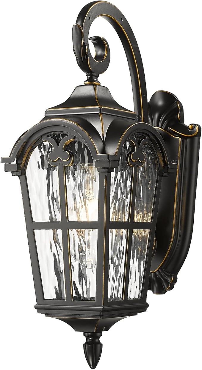 Emliviar Vintage Outdoor Lighting Fixture Wall Sconces with Water Ripple Glass 17.5 Front Porch Wall Lantern Black Finish with Gold Edges WE215B-SW BG