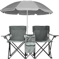 Double Camping Chair with Removable UmbrellaFolding Two-Person Seat Beach Chairs with Cup Holder Cooler BagFolding Camping Loveseat Chairs for Sports Lawn Patio Outside (Grey)