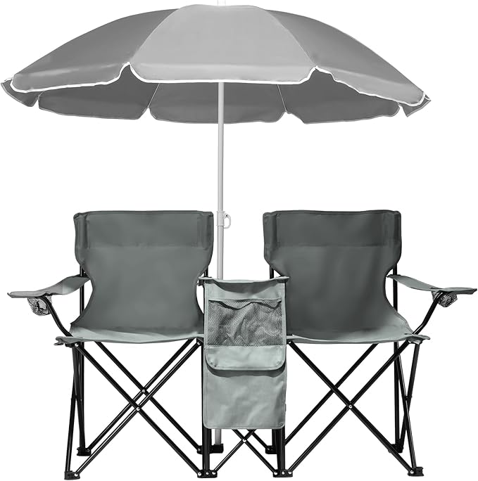 Double Camping Chair with Removable UmbrellaFolding Two-Person Seat Beach Chairs with Cup Holder Cooler BagFolding Camping Loveseat Chairs for Sports Lawn Patio Outside (Grey)