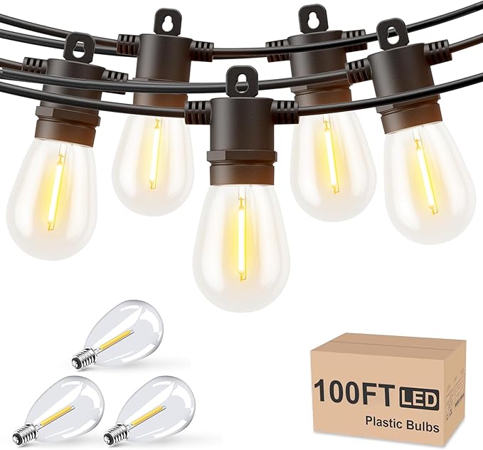 Svater Outdoor String Lights 100 FT Patio for Outside with Shatterproof S14 Bulbs Waterproof LED Hanging Light for Cafe Backyard Bistro Party Warm White