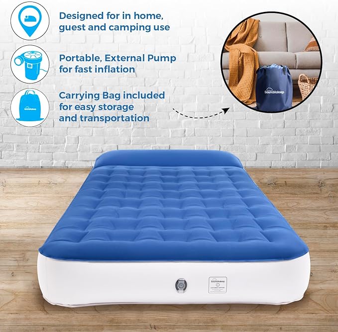 SoundAsleep Dream Series Big Kids Air Mattress with High Speed External Pump - Portable Blow up Bed for Big Kids - Inflatable Air Mattress for Home and Camping