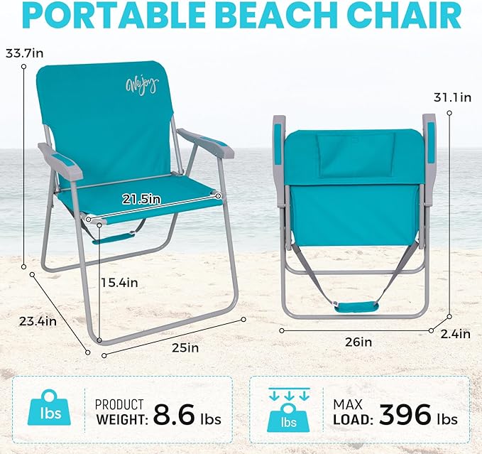 #WEJOY Folding Beach Chair for Adults Lightweight Beach Chair with Shoulder Straps High Back Camping Chairs with Hard Armrest Supports 300lbs for Outdoor Lawn Concert