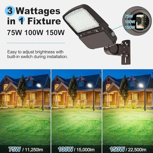 150W LED Parking Lot Light with Photocell Outdoor Dimmable LED Pole Lights with Slip Fitter &amp Arm Mount in 1 22500LM 5000K 100-277V IP65 150W/100W/80W Power Tunable ETL