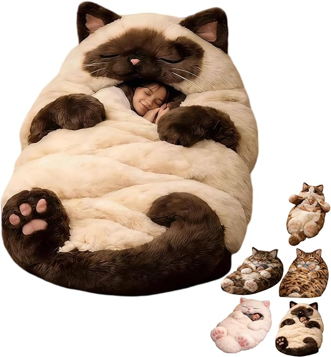 Fluffy Cat Sleeping Bag for Adults Humans Large Adult Soft Cat Sleeping Bag Animal Sleepings Bags for Adults Warm Blanket for Camping Travel Sleepovers Home